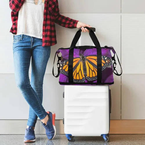 Vista 7 de Monarch Butterfly Flower Bolsa de viaje deportiva para hombres y mujeres, bolsa de gimnasio con compartimento para zapatos y correa para el hombro