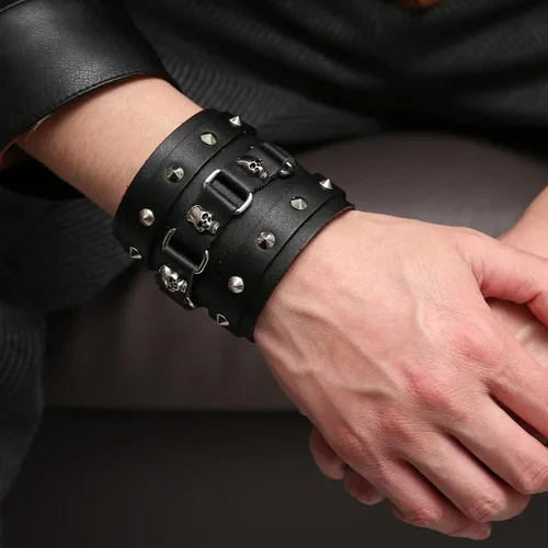 Vista 7 de STWTR Pulsera ancha de cuero con cinturón ancho para hombre, estilo punk, rock, moto