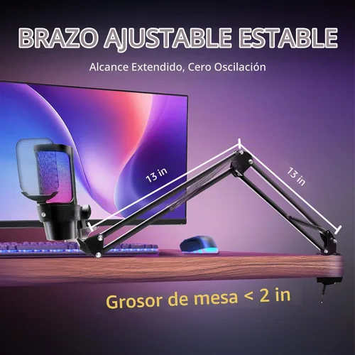 Vista 8 de VCOM Micrófono USB para juegos, micrófono de brazo dinámico de condensador para podcasting, transmisión, con soporte de brazo de brazo, silencio