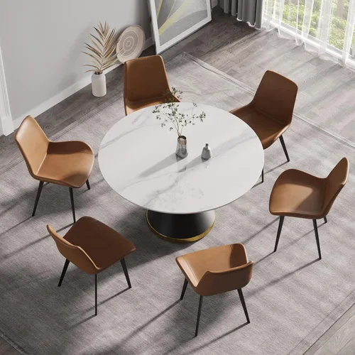 Vista 3 de Mesa de comedor moderna de 53 pulgadas, mesa de comedor de piedra sinterizada con base de acero al carbono negro, mesa de comedor redonda de 53