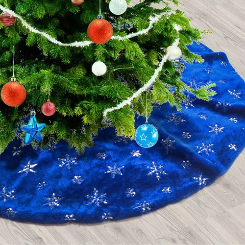 Vista 7 de Faldones de Felpa para Árbol de Navidad, 24 pulgadas, Lujosa Cubierta de Base de Árbol de Navidad de Piel Sintética Negra con Copos de Nieve Dorados