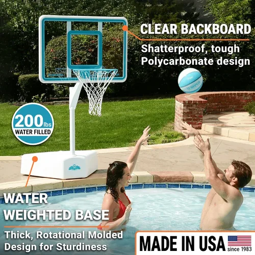 Vista 2 de Dunn-Rite Splash & Shoot, aro de baloncesto ajustable para piscina al aire libre con altura variable, pelota, base y borde de acero inoxidable de 18