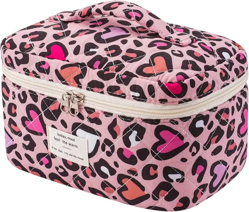 Vista 34 de uekeboag - Bolsa de maquillaje grande de viaje acolchada para mujer, neceser de algodón con estampado floral, neceser con estampado floral