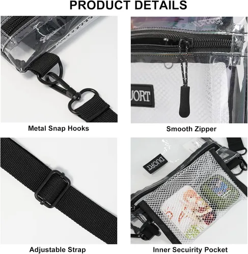 Vista 4 de Bolsa transparente aprobada para estadios, bolsas transparentes de TPU en el bolsillo interior, correa ajustable para conciertos, eventos deportivos