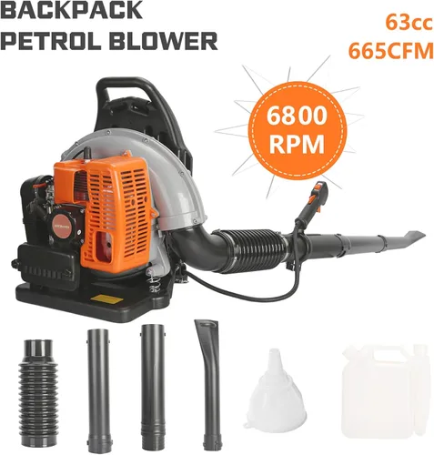 Vista 5 de Soplador de hojas de mochila, soplador de hojas de gas con motor de 2 tiempos 63CC, soplador de hojas de 6800 RPM 665 CFM, soplador de hojas a gas