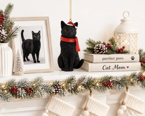 Vista 2 de Figurita colgante de árbol de Navidad de gato negro - Relleno de calcetín festivo, regalos para amantes de gatos, decoraciones de árbol de Navidad