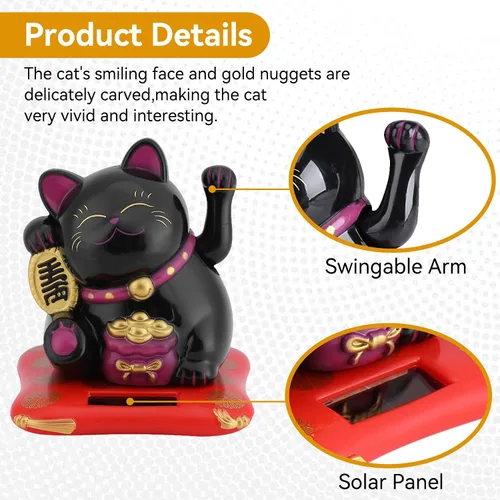 Vista 4 de Agatige Gato de la suerte alimentado por energía solar, brazo agitador chino de la suerte, adorno de gato de la suerte Feng Shui, decoración de gato
