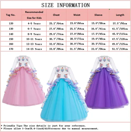 Vista 4 de WOCINL Vestido de princesa para niñas, de manga larga, arcoíris, fiesta, cumpleaños, boda, Navidad, Halloween, carnaval