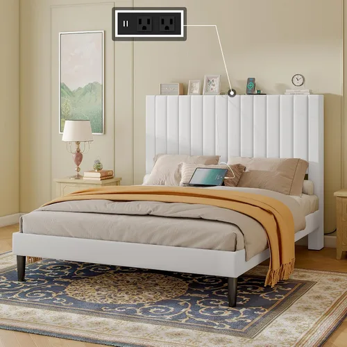 Vista 6 de LUXOAK Base de cama tamaño Queen tapizada en terciopelo con estación de carga, soporte de listones de madera, base de colchón, somier opcional