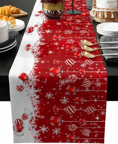 Vista 19 de Juego de 6 manteles individuales de mesa de Navidad, manteles individuales de algodón y lino antideslizantes lavables, bolas de Navidad, copos