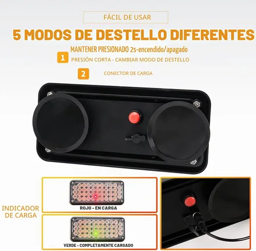 Vista 5 de 2 piezas de luces de emergencia estroboscópicas LED alimentadas por batería con base magnética recargable, portátil, para parabrisas, techo, mini