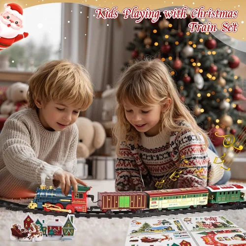 Vista 4 de Caja de regalo de tren eléctrico de vapor de Navidad con pista, luces, música, humo, batería recargable USB, incluye locomotora y autos