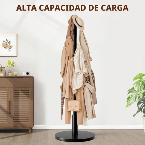Vista 5 de Perchero de madera independiente con 8 ganchos de punta redonda, 3 alturas ajustables para entrada, dormitorio, pasillo, oficina (negro)