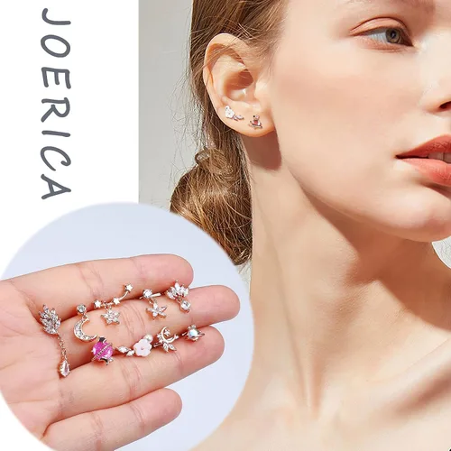 Vista 4 de JOERICA 9 aretes de cartílago para mujer, acero inoxidable 316L, chapados en oro, circonia cúbica, colgantes, hélix, tragus, cartílago, piercing
