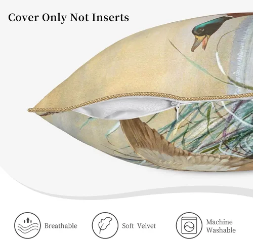 Vista 5 de Fundas de almohada de terciopelo de lujo con estampado doble de pato mallard con ribete dorado de 18 x 18 pulgadas, fundas de almohada decorativas