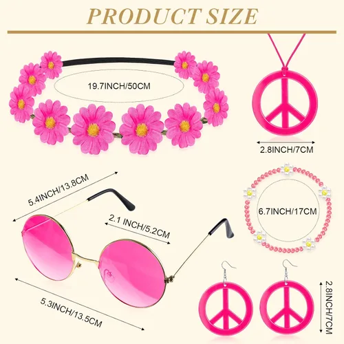 Vista 2 de Juego de 6 accesorios de disfraz hippie bohemio, letrero de la paz, margarita, flor de los años 60 y 70, decoraciones para fiestas geniales