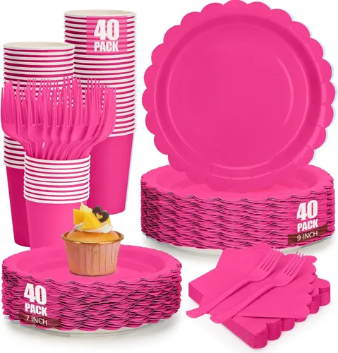 Vista 9 de 200 platos y servilletas de papel marfil, de 9 y 7 pulgadas, platos de fiesta desechables de color crema festoneado, tazas, servilletas, tenedores