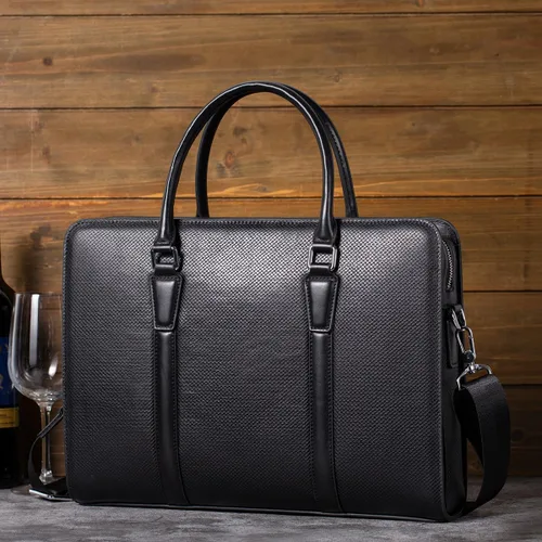 Vista 6 de Maletines de cuero genuino de 14 pulgadas para hombres bolsa de ordenador portátil con cerradura bolsa de mensajero de negocios