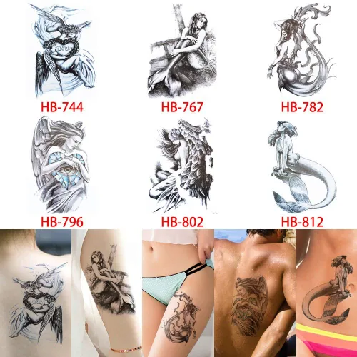 Vista 2 de Glaryyears Tatuajes temporales de sirena de ángel para mujeres y niñas, paquete de 6 calcomanías de tatuaje falsas, tatuajes realistas de larga