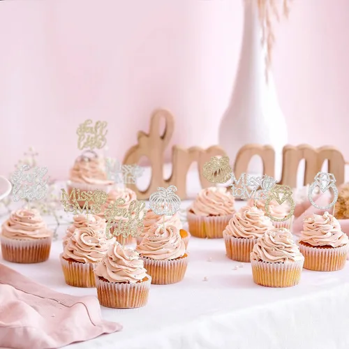 Vista 4 de Gyufise 24 decoraciones para cupcakes de otoño con texto en inglés "Miss to Mrs Cupcake Topper Champage Gold Fall Pumpkin Bride Shower Cake Toppers