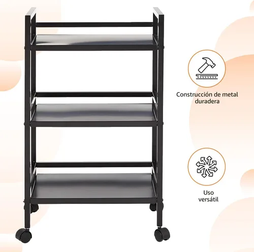 Vista 2 de Amazon Basics - Carrito de metal con ruedas de 3 niveles, color negro