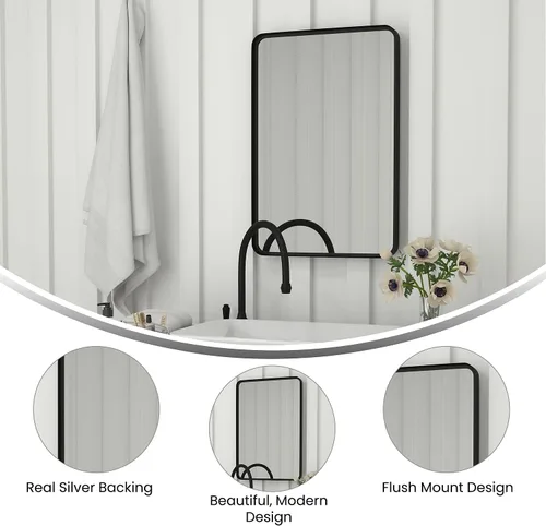 Vista 2 de Flash Furniture Janinne - Espejo rectangular de pared, espejo de acento negro mate, espejo de tocador de 20 x 30 pulgadas, para baño, tocador