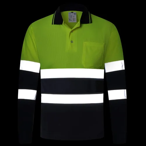 Vista 3 de ANSI Clase 2 Hi Vis Camisas amarillo azul marino de manga larga reflectante Polo camisa de trabajo de seguridad para construcción hombres y mujeres