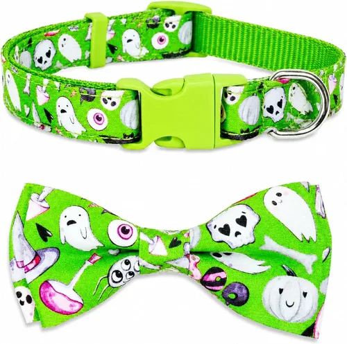 Vista 14 de Collar de perro de Halloween con corbatín, collar ajustable de vacaciones con estampado de fantasma con hebilla resistente, 3 tamaños para perros