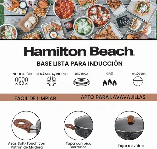 Vista 7 de Hamilton Beach Revestimiento de mármol antiadherente de aluminio de 4.5 cuartos de galón, calefacción uniforme, olla redonda para horno de playa Gris