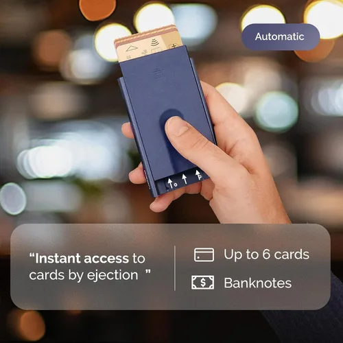 Vista 26 de ÖGON -DESIGNS- Tarjetero automático de aluminio, protección RFID contra fraude y desmagnetización, cartera delgada y minimalista para hombres