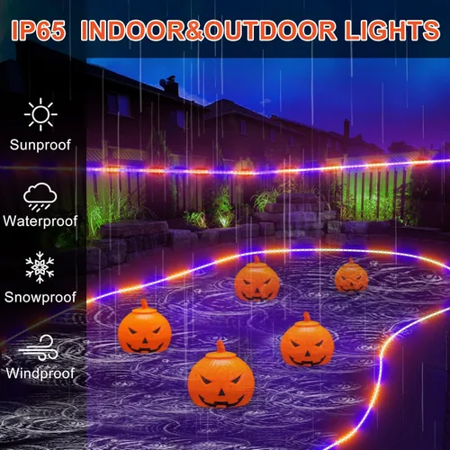 Vista 3 de Guirnalda de luces de Halloween para exteriores, 33 pies, 400 luces LED naranja y morado, luces de tubo impermeables enchufables, 8 modos