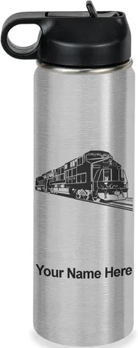 Vista 47 de LaserGram Botella de agua personalizada, tren de carga, acero inoxidable de doble pared aislada al vacío con popote superior, regalo grabado