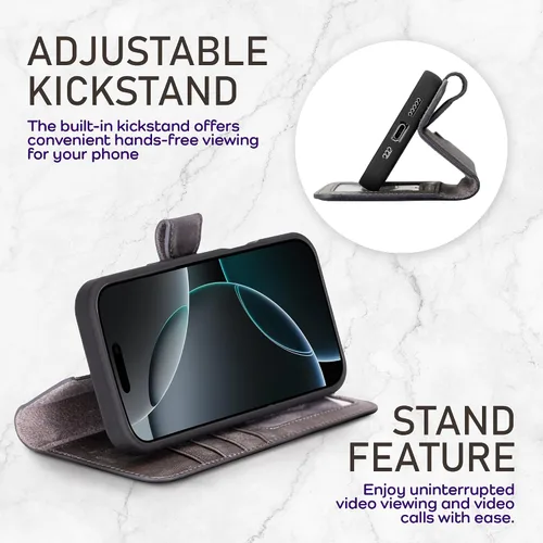 Vista 42 de Bayelon Funda tipo cartera para iPhone 15 Pro, cartera de cuero de grano completo, funda magnética desmontable, tarjetero, funda tipo cartera