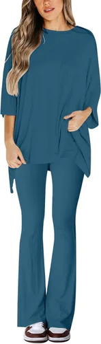 Vista 2 de Gumipy Women's 2 Piece Outfit All Weekend Long Pant Set Casual Fall Outfits 34 Sleeve Ribbed T-Shirt & Wide Leg Pants Tracksuit