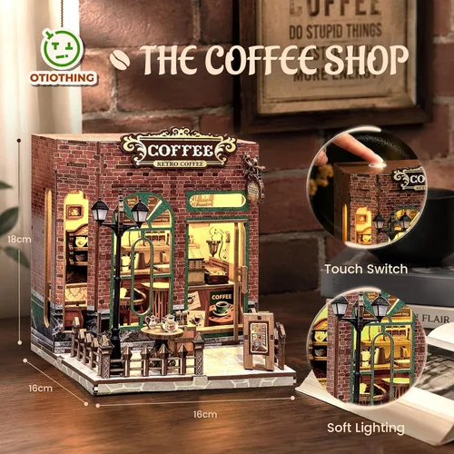 Vista 2 de Kit de rincón de libros, casa en miniatura con luces LED, rompecabezas de madera 3D para adultos, kit de construcción de mini casa de muñecas
