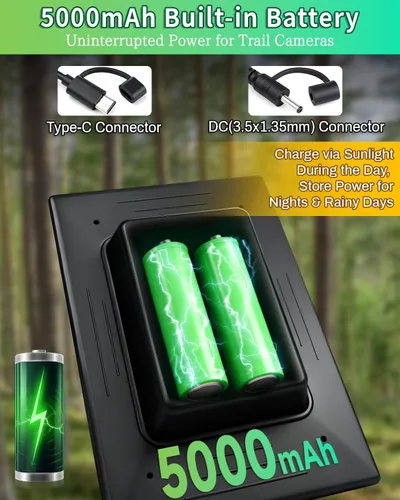 Vista 3 de Panel solar de cámara de sendero, cargador de panel solar de 3 W con batería de 5000 mAh y cable USB-C de 6 V y puerto de CC de 9.8 pies, panel