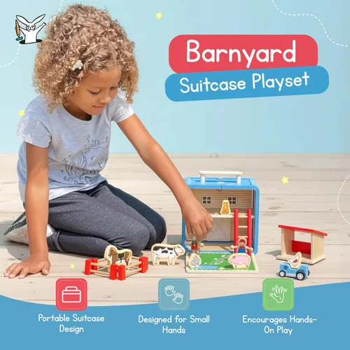 Vista 7 de Jack Rabbit Creations Barnyard Suitcase Playset - Juego de granja portátil de 16 piezas - A partir de 3 años Wooden Construction, 9 x 8 x 5 in, 2