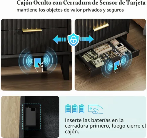 Vista 4 de LVSOMT Mesita de noche LED acanalada de 20 pulgadas de ancho con estación Estriado-negro