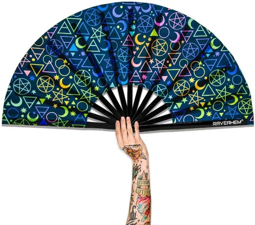 Vista 18 de Abanico para rave con brillo ultravioleta, abanico de mano plegable de bambú para hombres y mujeres (psicodélico espacial, mediano de 11 pulgadas)