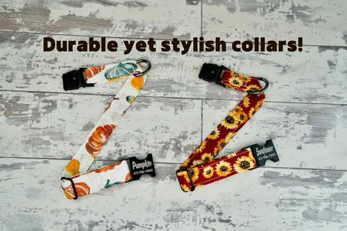 Vista 6 de Fall Style Dog Collars w/metal buckle, HAND MADE, Custom Engraved Personalized Collar, 1 inch wide, designer collars, Floral or Pumpkin