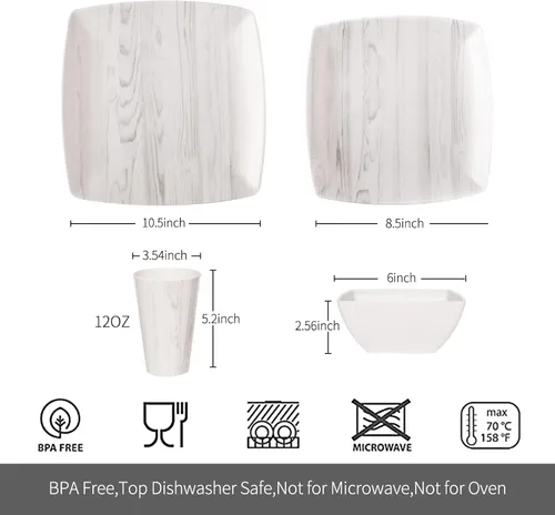 Vista 2 de Juego de vajilla de melamina de 16 piezas con aspecto de madera, tazas cuadradas, vasos de madera de grano de madera, platos de plástico