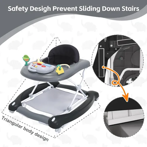 Vista 7 de Andador de bebé plegable 5-en-1 de Pawtong - Balancín, centro de actividades, saltarín, asiento de caminador, andador con empuje - Ruedas traseras