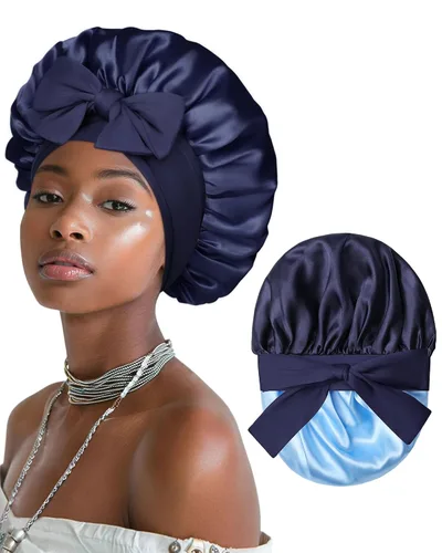 Vista 22 de Gorro de satén para mujeres, gorros de seda para dormir, gorro para cabello rizado con banda elástica con lazo, reversible de doble capa, gorro
