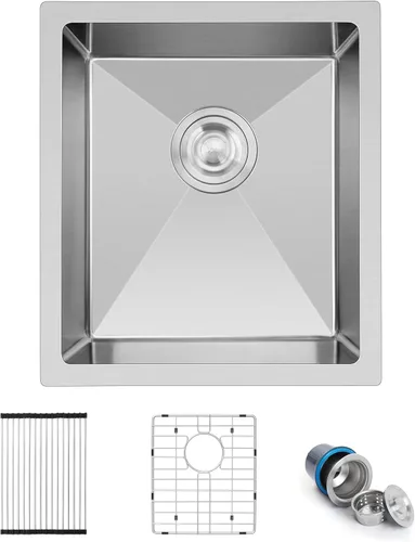 Vista 12 de Herogo Fregadero de barra de cocina de 15 x 15 pulgadas, fregadero pequeño profundo de un solo tazón con rejilla inferior de acero inoxidable