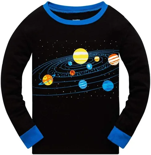 Vista 4 de Pijamas para Niños Pequeños, Conjunto de Ropa para Niños Pequeños, Ropa de Dormir de Planeta y Tren, Manga Larga, 100% Algodón, 2 Piezas, Pijamas
