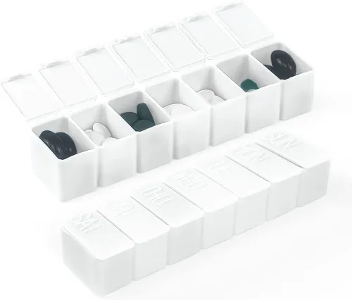 Vista 9 de Organizador semanal de píldoras pequeñas, pastillero de 7 días, caja de medicina diaria de vitaminas, recipientes de píldoras para suplementos