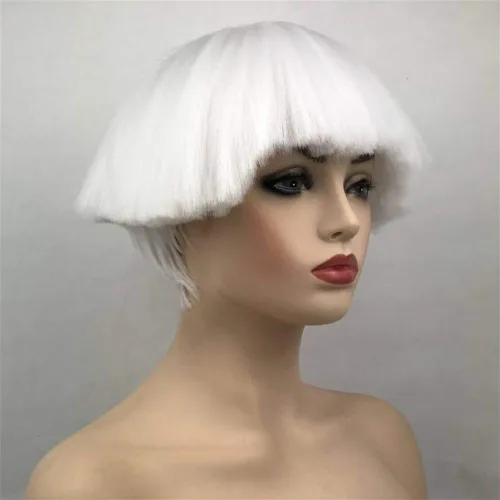 Vista 3 de Aimole Pelucas sintéticas rectas cortas Yaki blanco hongo cabeza peluca Bowl corte de pelo pelucas Bob (1001 blanco)