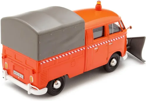 Vista 2 de Volkswagen Tipo 2 (T1) Camión naranja con quitanieves y carcasa de cámper 1/24 fundido a troquel modelo de coche por Motormax