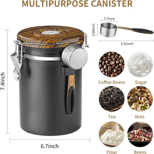 Vista 2 de Contenedor de café de 60.9 fl oz para almacenamiento de granos de café, recipientes herméticos de acero inoxidable para cocina, contenedor