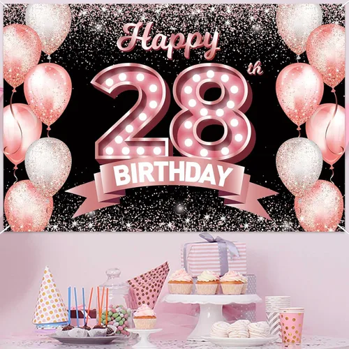 Vista 228 de Cartel de feliz cumpleaños décimo oro rosa, telón de fondo, saludos a 10 años, globos de confeti, decoración temática para niñas de 10 años